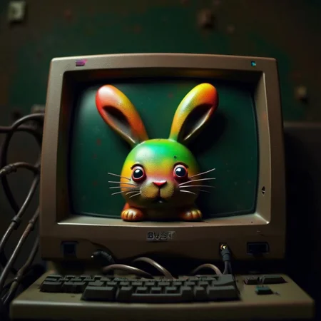 small cute rainbow colored bunny, on a monitor made out of Jed-Rst, Rusty, cable mess, mntnnc_md_plz_stand_by, text on monitor: "BUNPUTER",
