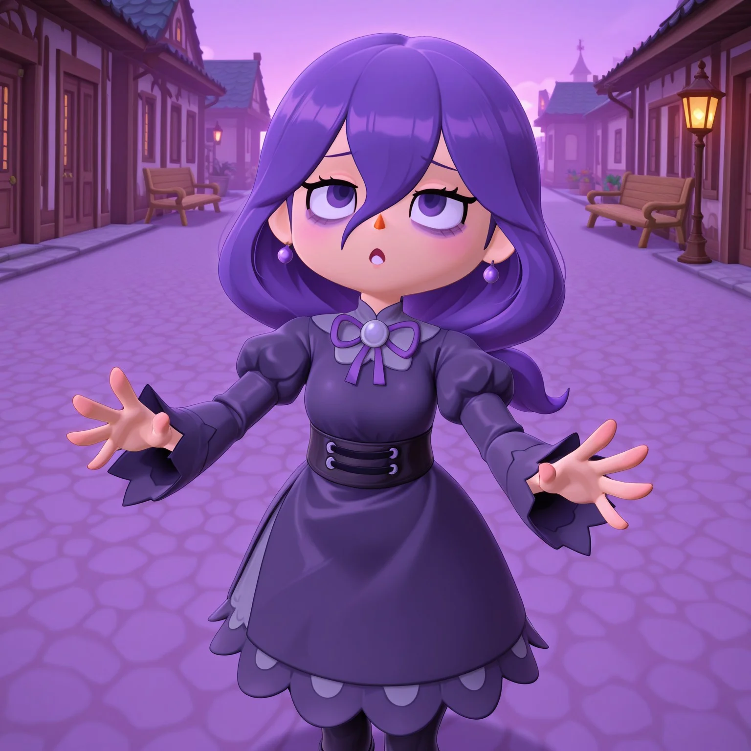 masterpiece, best quality, absurdres, 1girl, solo, animal crossing style, 3d, zzHexyZA, purple eyes, bags under eyes, hair between eyes, long hair, purple hair, long sleeves, bow, jewelry, black dress, purple dress, black pantyhose, juliet sleeves, purple bow, purple bowtie, outdoors, arms out, looking up, :o
