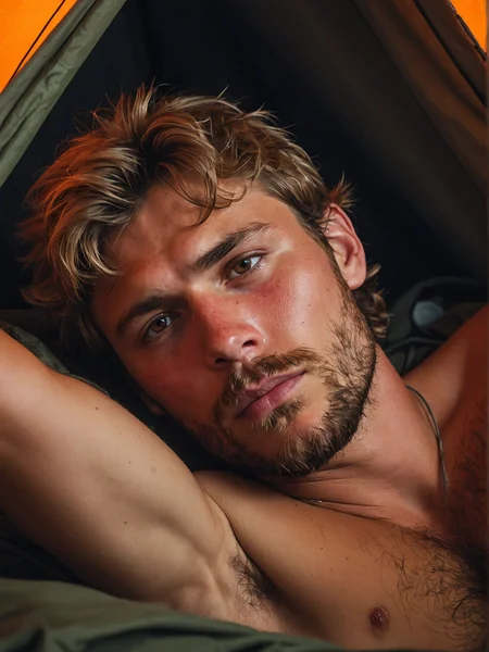 rough hot fuckboy, lewd sturdy sámi, scruff, lying down in a tent, dark, soft lighting, candid, close-up