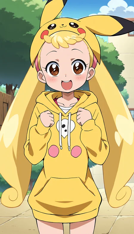 anime artwork of score 9,score_8_up,score_7_up,source_anime,masterpiece,best quality,(parody:1),(anime screencap:1.2),
BREAK
(makihatayama hana:1.5),1girl,twintails,blonde hair,brown eyes,ornament,hairband,solo,
BREAK
pikachucosplay,pikachu \(pikachu\),character print,hood,hoodie,yellow hoodie,
BREAK
smile,cute pose,
<lora:hana_makihatayama_xl_for_pony_xl_v01:0.7>,<lora:pikachu-cosplay-ponyxl-lora-nochekaiser:0.5>,