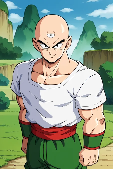 score_9, score_8_up, score_7_up,score_6_up, BREAK tien,1boy, solo, male focus, looking at viewer, bald, black eyes, muscular male, upper body, white t-shirt, third eye, red sash, green wristband, standing, smirk,mount paozu, blue sky, cloud, grass,thin
mountain, cliff, bush,green pants, closed mouth,short sleeves,arms at sides, <lora:TienPonyV3:1> <lora:MountPaozuPony:1>
