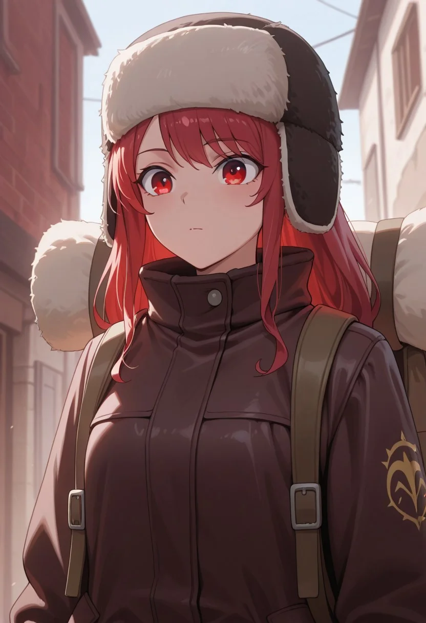 masterpiece,best quality,amazing quality, leeler sophia, red hair, red eyes, long hair, 1girl, solo, backpack, bag, hat, fur hat, coat, upper body, closed mouth, jacket