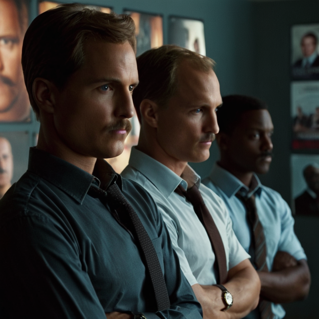 cinematic film still of cinematic film still of  <lora:add-detail-xl:1>0
<lora:detailed:0.3>
<lora:perfection style:0.3>
<lora:xl_more_art-full_v1:0.3>
 <lora:true detective style:1>
two men standing in a room with a wall covered in posters,looking at viewer,short hair,brown hair,shirt,male focus,multiple boys,necktie,belt,indoors,dark skin,2boys,cup,black shirt,facial hair,dark-skinned male,black necktie,beard,sleeves rolled up,realistic,mustache,bald , sharp, detailed, epic photography, artistic, dramatic light, cinematic style, film style, 
true detective style, shallow depth of field, vignette, highly detailed, high budget, bokeh, cinemascope, moody, epic, gorgeous, film grain, grainy