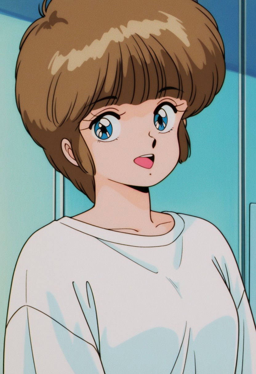 masterpiece, best quality, 32k, high resolution, absurdres, hiyama hikaru, 1girl, solo, smile, retro artstyle, looking at viewer, open mouth, shirt, upper body