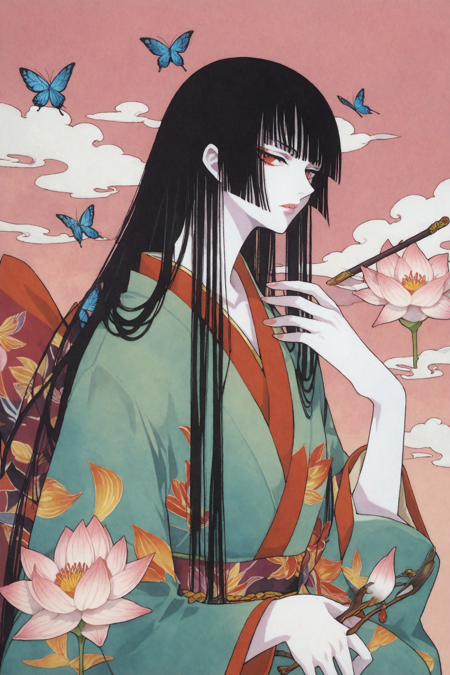 score_9,score_8_up,score_7_up,masterpiece,best quality,
xxxHOLiC,
Ichihara Yuko,1girl,black hair,solo,japanese clothes,kiseru,smoking pipe,red eyes,bug,butterfly,long hair,kimono,flower,smoke,pale skin,lotus,traditional media,
<lora:CLAMP_XL_PONY:0.8>,