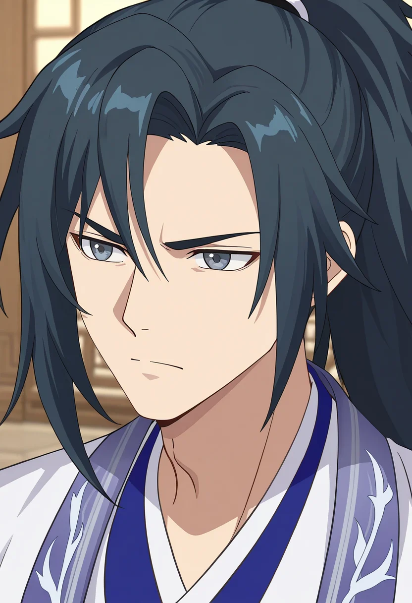 masterpiece, best quality, amazing quality,high resolution, intricate details,official style,depth of field,anime screencap , , , 1boy, solo, male focus, <lora:yang_kai:0.73>,yang kai,black hair,grey eyes,long hair,ponytail hair,hanfu,close-up