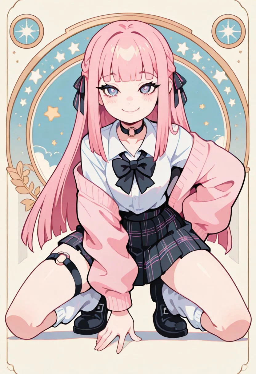 1 girl , solo , blushing , closed mouth , bratty smile , eyelashes , cute , long straight hair , blunt bangs , winking , star , ribbon , hair ribbon ,
slim , slender ,
thigh strap, choker, o-ring choker, pink cardigan, bowtie, white shirt, tucked in, plaid skirt, pleated skirt, white socks, loose socks, black footwear,
full body view, kneeling, spread legs, leaning forward,
from front, front view, straight-on, look at viewer,
masterpiece, best quality ,amazing quality ,S4bit4mago_illu , Protoneon ,s0wasow4rt_illu, t1m3r