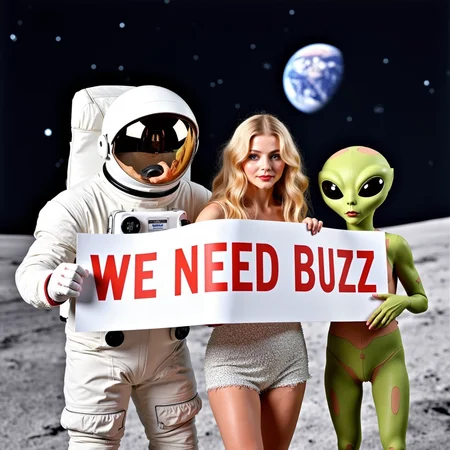 high definition, extremely detailed,
masterpiece, photo realistic,
This is a photograph features three individuals standing closely together.
thy are holding a large, white banner that reads "We Need Buzz" in bold red letters.
on the left is astronaut wearing a white astronaut suit with reflective silver accents, with the photographer reflected in his closed helmet.
The person in the center is a blonde woman with fair skin, wearing a sparkling, white, sleeveless, sequin-covered bodysuit that is form-fitting and short, exposing her legs.
On the right is Classic sci-fi aliens with large heads and green body,
The background is moon surface, the large earth and stars in the night sky.