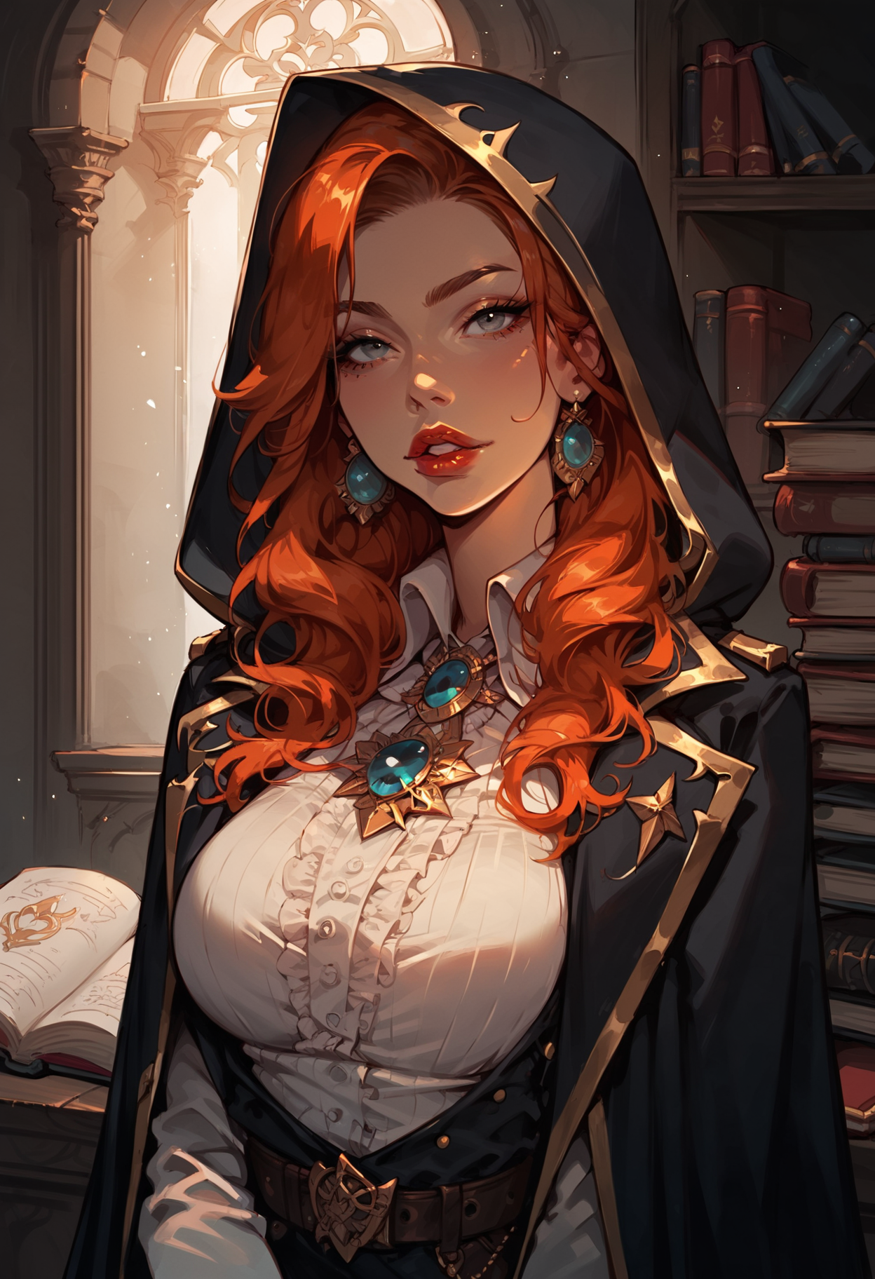 score_9, score_8_up, score_8. score_9, score_8_up, score_7_up, score_6_up, 1girl, solo, orange hair, belt, long hair, looking at viewer, breasts, hood, cape, shirt, hood up, long sleeves, parted lips, pants, white shirt, collared shirt, indoors, brooch, book, gold trim, red lips, hooded cape, jewelry, black cape, lips, gem, large breasts, Expressiveh, g0thicPXL, Concat/BREAK <lora:Broken_Covenant_Miss_Fortune-000005.safetensors:0.6:0.6> <lora:Concept SDXL\Expressive_H-000001.safetensors:0.8:0.8> <lora:Concept SDXL\incase_style_v3-1_ponyxl_ilff.safetensors:0.6:0.6> <lora:Concept SDXL\Vixon's Pony Styles g0th1cPXL.safetensors:0.55:0.55> <lora:QOL SDXL\zy_AmateurStyle_v2.safetensors:0.75:0.75>