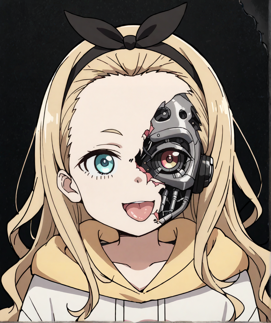 score_9,score_8_up,score_7_up,score_6_up,score_5_up,score_4_up,source_anime,best quality,masterpiece,
<lora:half_cyborg_face_pony_v1:1>,half_cyborg_face,android,mechanical parts,damaged,cyborg,heterochromia,artificial eye,mechanical eye,science fiction,
1girl,solo,
<lora:walnut-kurumi-s1-ponyxl-lora-nochekaiser:1>,walnut kurumi,
long hair,blue eyes,blonde hair,ribbon,hair ribbon,hairband,black ribbon,black hairband,forehead,
long sleeves,hood,sleeves past wrists,hoodie,hood down,sleeves past fingers,white hoodie,
simple background,black background,looking at viewer,smile,open mouth,tongue out,front view,upper body,