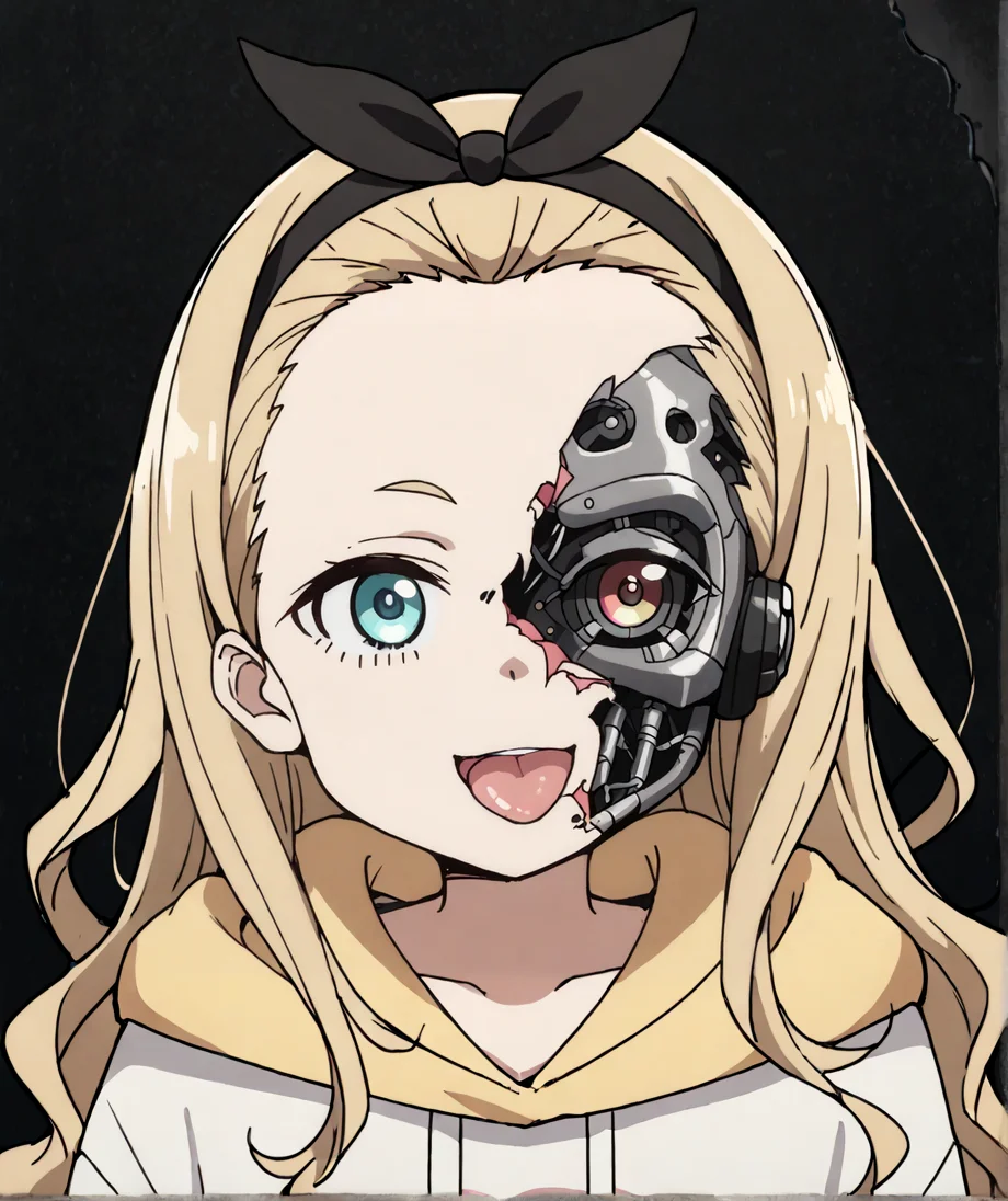 score_9,score_8_up,score_7_up,score_6_up,score_5_up,score_4_up,source_anime,best quality,masterpiece,
<lora:half_cyborg_face_pony_v1:1>,half_cyborg_face,android,mechanical parts,damaged,cyborg,heterochromia,artificial eye,mechanical eye,science fiction,
1girl,solo,
<lora:walnut-kurumi-s1-ponyxl-lora-nochekaiser:1>,walnut kurumi,
long hair,blue eyes,blonde hair,ribbon,hair ribbon,hairband,black ribbon,black hairband,forehead,
long sleeves,hood,sleeves past wrists,hoodie,hood down,sleeves past fingers,white hoodie,
simple background,black background,looking at viewer,smile,open mouth,tongue out,front view,upper body,