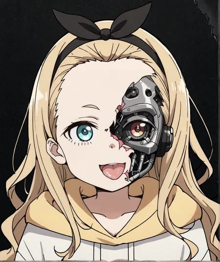 score_9,score_8_up,score_7_up,score_6_up,score_5_up,score_4_up,source_anime,best quality,masterpiece,
<lora:half_cyborg_face_pony_v1:1>,half_cyborg_face,android,mechanical parts,damaged,cyborg,heterochromia,artificial eye,mechanical eye,science fiction,
1girl,solo,
<lora:walnut-kurumi-s1-ponyxl-lora-nochekaiser:1>,walnut kurumi,
long hair,blue eyes,blonde hair,ribbon,hair ribbon,hairband,black ribbon,black hairband,forehead,
long sleeves,hood,sleeves past wrists,hoodie,hood down,sleeves past fingers,white hoodie,
simple background,black background,looking at viewer,smile,open mouth,tongue out,front view,upper body,