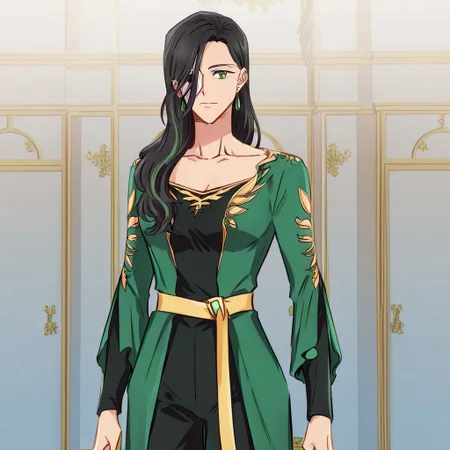 solo, 1girl, long sleeves, green eyes, green dress, black pants, earrings, breast,  Acelabenkan, black hair, eyepatch,