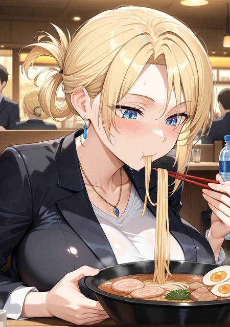 masterpiece, best quality, absurdres, perfect lighting,shiny skin,<lora:StS-Illustrious-Detail-Slider-v1.0:3>,<lora:illustrious_noobai_epsilon_pred_1_best_quality_v1:1>,1girl,Tatiana,huge breasts,blonde hair,bangs,folded ponytail,blue eyes,<lora:tatiana_illu:1>,formal suit,black jacket,white shirt, jewelry,necklace,pencil skirt,highheels,
BREAK sweat,blush,,skiny skin, oily skin,depth of field,restaurant,ramen,noodles,steam,food, eating,holding chopsticks,desk,steam,expressionless,face focus,upper body,water bottle,looking down,solo focus,saliva,pout,