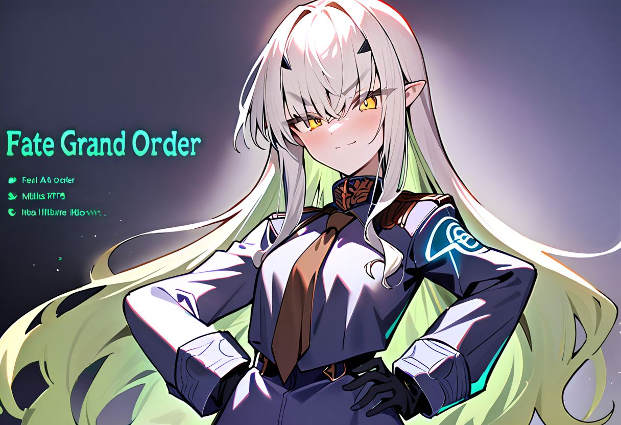 1girl, Melusine \(fate grand order\), fate grand order, solo, long hair, hat, white hair, pointy ears, yellow eyes, peaked cap, jacket, black gloves, hand on own hip, closed mouth, hair over one eye, looking at viewer, brown necktie, large breasts, eyes visible through hair, smile, long sleeves, gloves, upper body, light green hair, character name, necktie, breasts, english text, blush, black headwear, white jacket, 
masterpiece,best quality,  newest, absurdres, safe <lora:ag31_twin_fp8-000036:1>