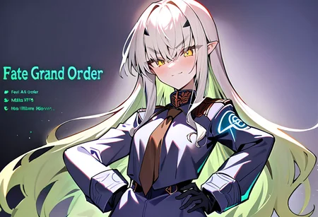 1girl, Melusine \(fate grand order\), fate grand order, solo, long hair, hat, white hair, pointy ears, yellow eyes, peaked cap, jacket, black gloves, hand on own hip, closed mouth, hair over one eye, looking at viewer, brown necktie, large breasts, eyes visible through hair, smile, long sleeves, gloves, upper body, light green hair, character name, necktie, breasts, english text, blush, black headwear, white jacket, 
masterpiece,best quality,  newest, absurdres, safe <lora:ag31_twin_fp8-000036:1>