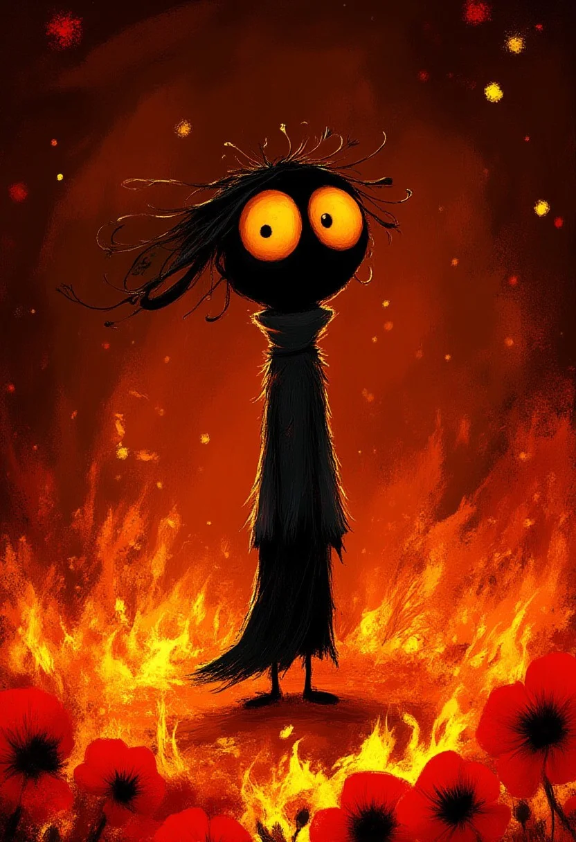A whimsical illustration of a lanky figure with enormous glowing amber eyes in dark whimsical art style, standing amidst swirling flames and embers, wearing a tattered flowing black coat with dancing fire patterns, digital painting with dynamic brushstrokes showing flame textures rippling through the air, dark crimson background with floating sparks and smoke tendrils, characteristic Tim Burton inspired design with eyes reflecting the dancing firelight and an eerily serene expression, surrounded by fire-blooming red poppies that seem to merge with the flames
