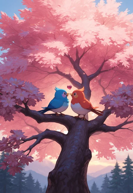 klskx ,
masterpiece, best quality, amazing quality,
no humans, two little colourful birds exchanging an heart shaped biquit holding it with their beaks. The birds are in their nest onto a colorful tree. Dusk