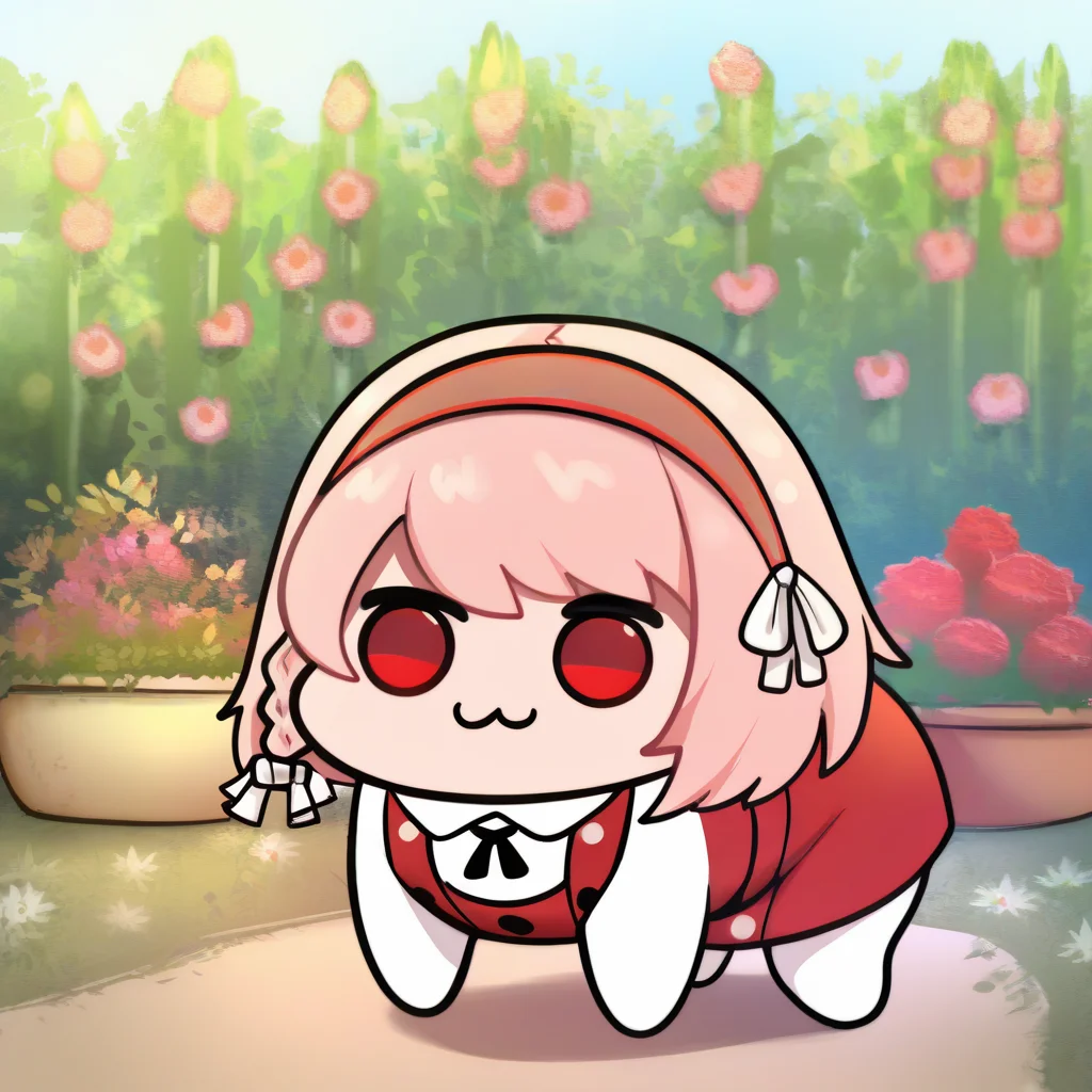masterpiece, best quality, solo, <lora:doro_xypher_ixl_v1:1> doro, :3, chibi, no pupils, solid circle eyes, full body, white skin, all fours, <lora:LapisFE-illu:1> somLapis, short hair, pink hair, side braid, two-tone hairband, red hairband, red eyes, white hair ribbon, red pinafore dress, black neck ribbon, garden, outdoors