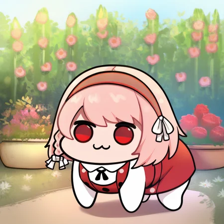 masterpiece, best quality, solo, <lora:doro_xypher_ixl_v1:1> doro, :3, chibi, no pupils, solid circle eyes, full body, white skin, all fours, <lora:LapisFE-illu:1> somLapis, short hair, pink hair, side braid, two-tone hairband, red hairband, red eyes, white hair ribbon, red pinafore dress, black neck ribbon, garden, outdoors