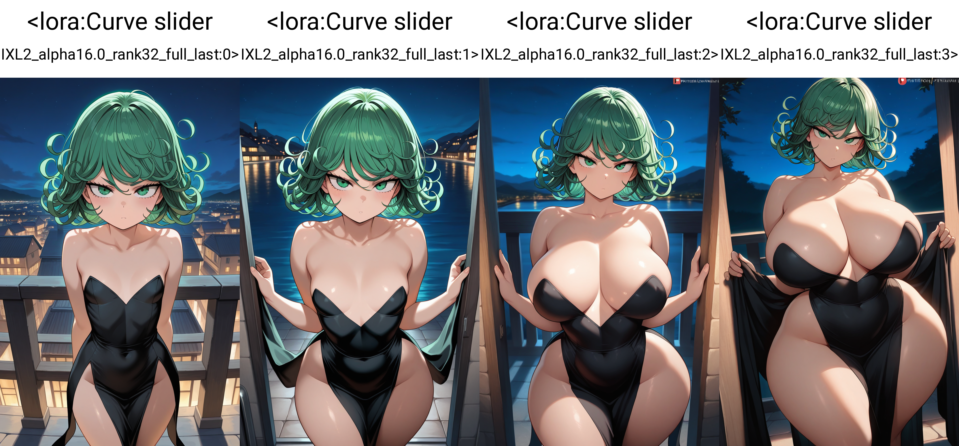 masterpiece, best quality, 1girl,  tatsumaki, standing, black dress, strapless dress, looking at viewer, night, outdoors, facing viewer,     <lora:Curve slider IXL2_alpha16.0_rank32_full_last:0>