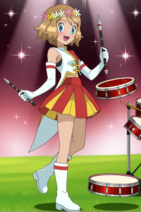 anime, anime screencap, pokemon, serenadorixlc, 1girl, solo, looking at viewer, blush, smile, short hair, open mouth, blue eyes, skirt, brown hair, gloves, holding, standing, full body, flower, :d, boots, sleeveless, tongue, elbow gloves, white gloves, eyelashes, sparkle, red skirt, leg up, white footwear, light brown hair, standing on one leg, grass, instrument, drum, drumsticks, serena \(pokemon\)
<lora:Serena_doridorich:1>