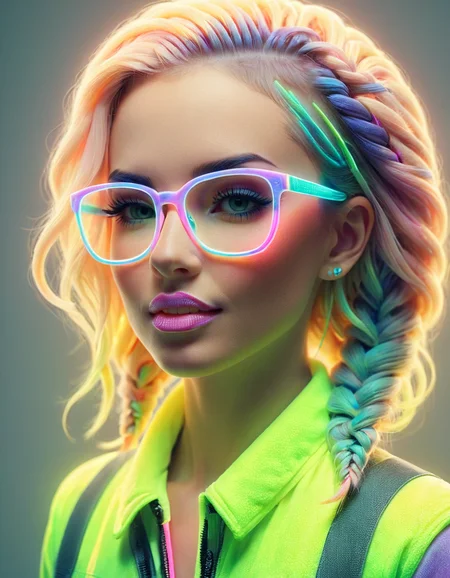 Light Projection,a portrait of a beautiful woman painted on wall with light,stunning beauty,soft light, pastel colors, muticolore hair, punk, line art,simple background, modernism, glowing lips, piercings, lips closed, light smile, masterpiece, natural style, braids, neon, detailled iris, rich woman, big glasses, nerd, ral-highvis <lora:ral-highvis-sdxl:1>