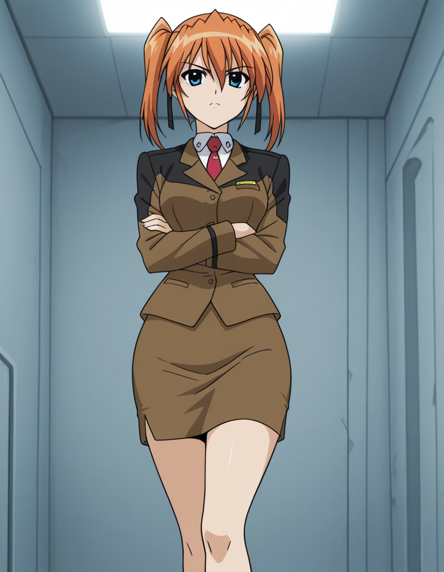 official style,Teana Lanster, orange hair,twintails,blue eyes,(crossed arms:1.42),military uniform,at nearfuture fortress,in the room,(anime screencap), 2d cel anime,anime cap,anime,anime style,anime cel,cell shaded,soft brightness,perfect face,perfect nose, perfect hair, perfect eyes,perfect female body,perfect skin,a face of perfect proportion,perfect lighting,perfect anatomy,perfect proportion,perfect hands,perfect legs,perfect fingers,masterpiece,hair between eyes,medium breasts,perky breasts,best quality,very aesthetic,absurdres,16k,intricate detail,amazing quality,(bold:3.12),thick outline,black outline,harsh lines,soft lines,deluster,boldline,curvy,(anime coloring:1.2),angry,slim,looking at viewer,super fine illustration,detailed linework,vibrant colors,kawaii,flat color,  (hat:-1)<lora:Magical_Girl_Lyrical_NANOHATeana_Lansterillustriousé­æ³å°å¥³ãªãªã«ã«ãªã®ã¯ãã£ã¢ãã©ã³ã¹ã¿ã¼illustrious:1:0.8>