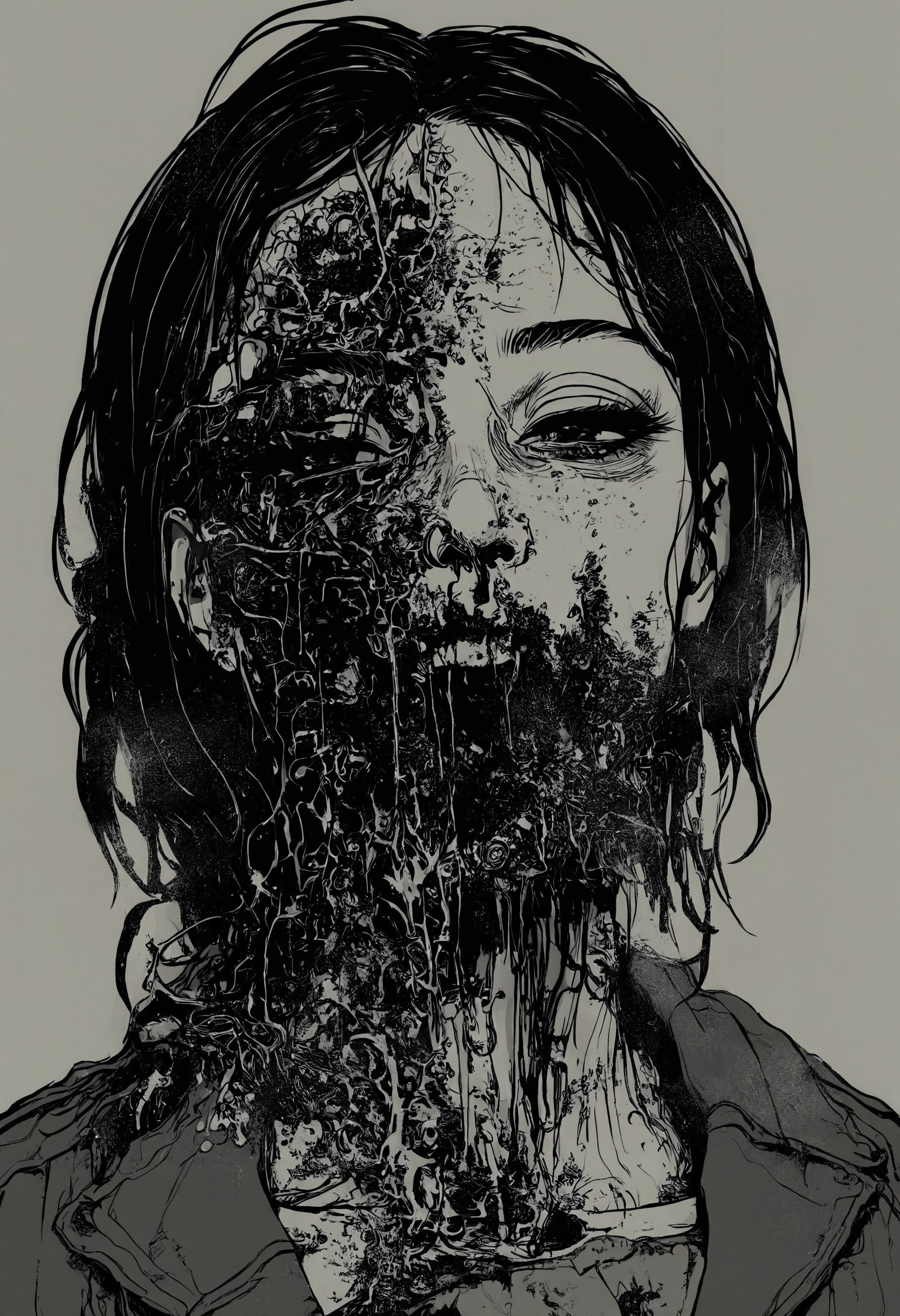 masterpiece, best quality, monochrome, greyscale, mutant, solo, rotting, fine detail, body horror<lora:RioOka_v1_NoobAI:1.0>