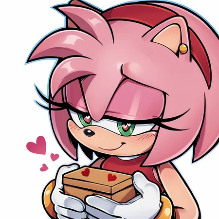 score_9, score_8_up, score_7_up, score_6_up, score_5_up, score_4_up, BREAK, <lora:Amy_Rose:1>, amy rose, 1girl, blush, smile, bangs, simple background, gloves, white background, holding, jewelry, closed mouth, upper body, heart, hairband, earrings, food, white gloves, skin tone arms, heart-shaped pupils, half-closed eyes, happy, box, furry, outline, furry female, red hairband, white outline, symbol in eye, solo, green eyes, animal ears, pink hair, pink fur, short hair, animal nose