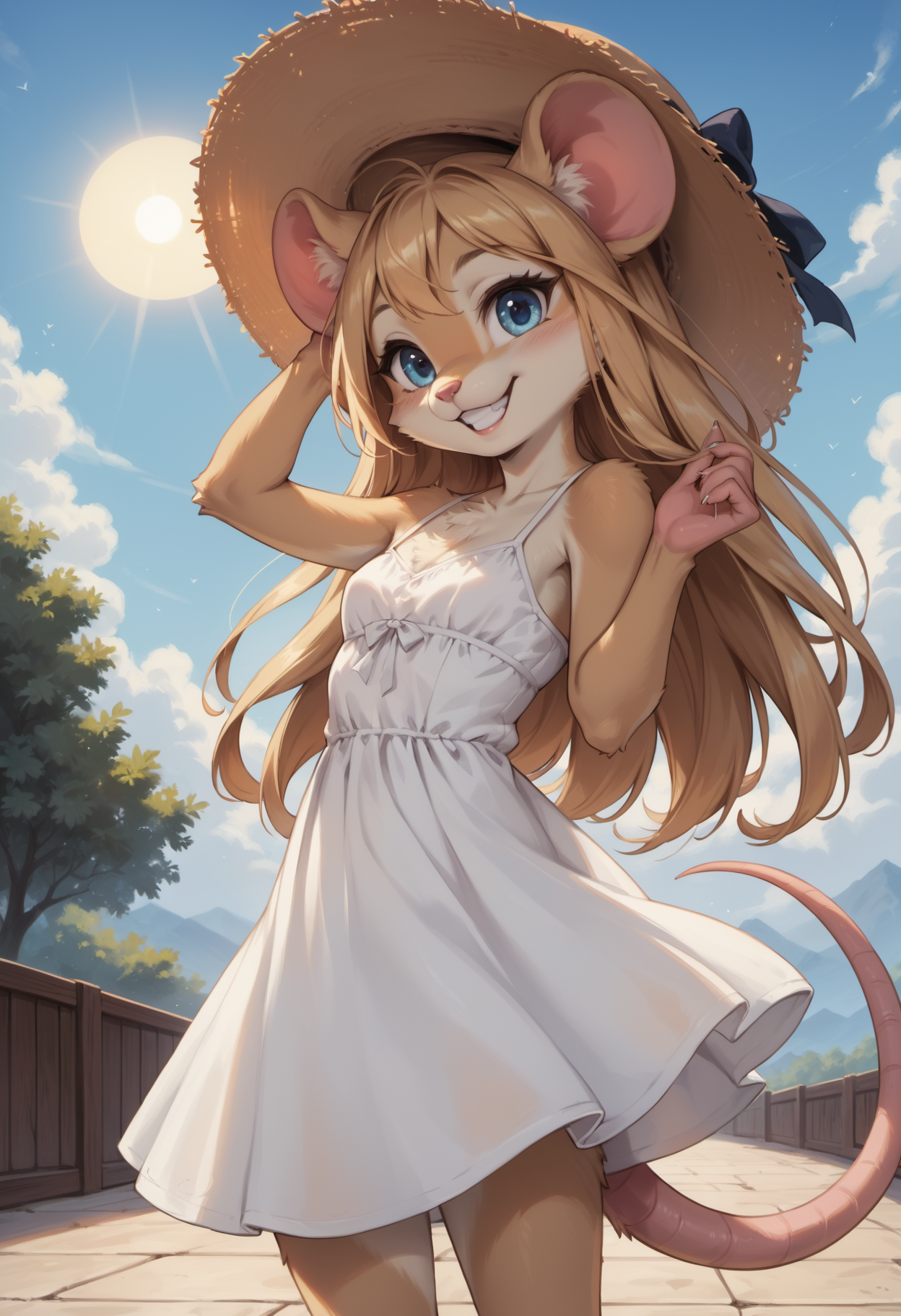 score_9, score_8_up, score_7_up, source_furry, high quality, perfection, detailed, aesthetic, well-lighted,
outdoors, seaport, port city, embankment,
1girl, solo,
furry female, furred body, fluffy fur, beautiful girl, cute girl, young, youthful, beautiful face, beautiful eyes, perfect eyes, detailed eyes,
(anthro mouse girl:1.2), (beige fur:1.2), small breasts, petite, blue eyes, blonde hair, long hair, ears through hat,
clothed, sundress, white dress, one-piece dress, sun hat,
standing, grin, dynamic pose, happy, happy expression,