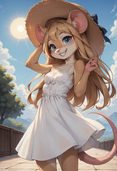score_9, score_8_up, score_7_up, source_furry, high quality, perfection, detailed, aesthetic, well-lighted,
outdoors, seaport, port city, embankment,
1girl, solo,
furry female, furred body, fluffy fur, beautiful girl, cute girl, young, youthful, beautiful face, beautiful eyes, perfect eyes, detailed eyes,
(anthro mouse girl:1.2), (beige fur:1.2), small breasts, petite, blue eyes, blonde hair, long hair, ears through hat,
clothed, sundress, white dress, one-piece dress, sun hat,
standing, grin, dynamic pose, happy, happy expression,