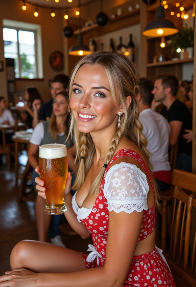 full body view, multiple angles, photoshoot poses; she has piercing eyes. A photo of a woman with blonde hair wearing a red and white dress and white sneakers. she has braids. She is smiling. alcohol, grin, solo focus, beer mug, teeth, holding cup, looking at viewer, realistic, german clothes, dirndl, flower, multiple boys, 1girl, multiple girls, open mouth, jewelry, shirt, earrings, hair ornament. wooden floor. The overall mood of the image is Happy.RAW candid cinema,16mm,color graded portra 400 film,remarkable color,ultra realistic,textured skin,remarkable detailed pupils,realistic dull skin noise,visible skin detail,skin fuzz,dry skin,shot with cinematic camera,detailed skin texture,(blush:0.2),(goosebumps:0.3),subsurface scattering,beautiful photograph in the style of Augustus John,Sergio Toppi,Virginia Frances Sterrett,8k HD,detailed skin texture,ultra realistic,textured skin,analog raw photo,cinematic grain,whimsical.perfection style,aidmafluxpro1.1