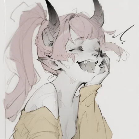 sketch, monochrome, greyscale, score_9, score_8_up, score_7_up, masterpiece, best quality, absurdres, vibrant, highly detailed, upper body, Lynn Pink, closed eyes, pink hair, ponytail, tail, horns, pointy ears, fangs, (((adult))), small breasts, simple yellow shirt, long sleeves, off shoulder, no bra, one hand on cheek, laughing, ^^, white background, simple background
