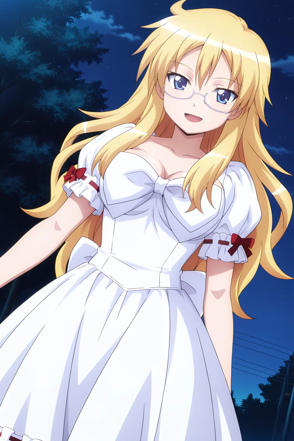 anime screenshot, ben-tou, 1girl, solo, shaga ayame, blonde hair, long hair, blue eyes, glasses, semi-rimless eyewear, grey-framed eyewear, large breasts, white dress, frilled dress, short sleeves, puffy short sleeves, puffy sleeves, ribbon trim, chest bow, waist bow, looking at viewer, smile, open mouth, cowboy shot, night, masterpiece, best quality, high quality, highres, absurdres, <lora:shaga_ayame_ILXL:0.9>