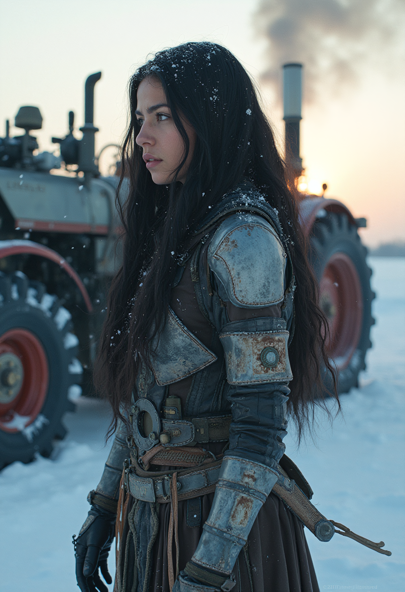 frostpunk style, beautiful First Nations woman, 21 years old, dressed advanced exosuit styled like traditional tribal regalia, her long flowing dark hair, snow gently falling around her, the fading light of dusk casting long shadows across the metallic surfaces, a steam-powered tractor nearby belching smoke and steam into the crisp air, style of Syd Mead and  Benedick Bana, messy, streaks , <lora:other/flux_realism_lora>, icy, futuristic, augmented, frozen,