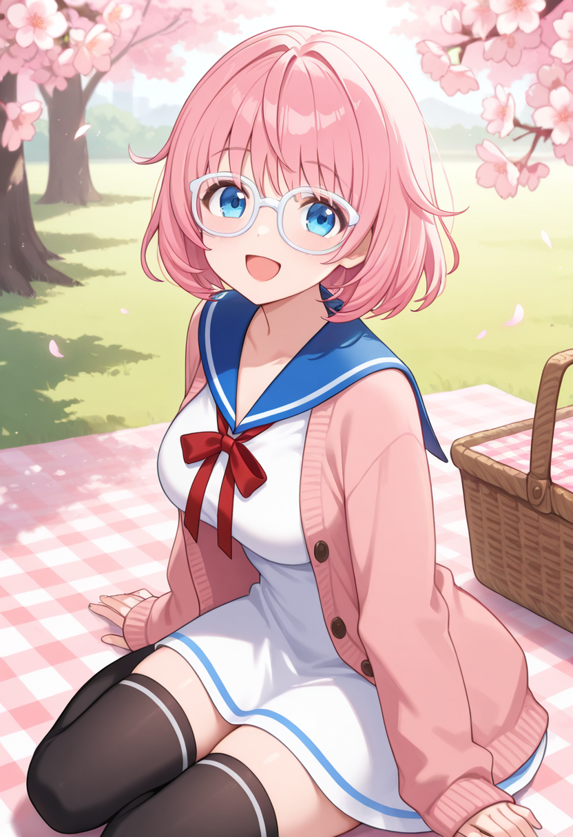 1girl,solo,<lora:nazunail:0.9>,tennouzu_nazuna,blue eyes,pink hair,short hair,glasses,dress,long sleeves,blue sailor collar,cardigan,ribbon,black thighhighs,school uniform,looking_at_viewer,cowboy_shot,:d,sitting,yokozuwari,day,picnic_basket,picnic,picnic_blanket,cherry_blossoms,incredibly absurdres,masterpiece,best quality,good quality,newest,
