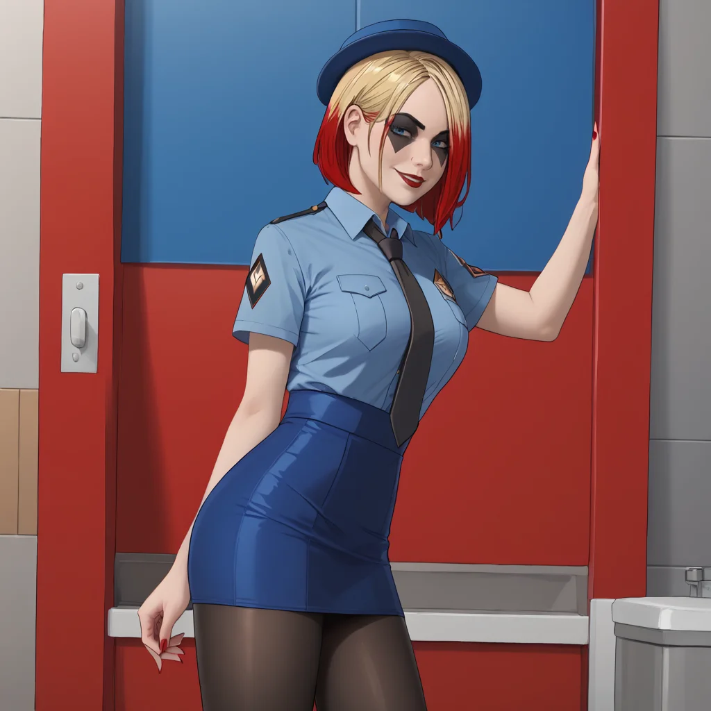 <lora:harleyquinntelltale_pony_v1:.8>  HarleyQuinnTelltale, 1girl, solo, makeup, mask,, lipstick,short  brown multicolored red hair, blonde hair, multicolored hair, large breasts, cowboy shot <lora:0820 tokisaki kurumi policewoman fan costume_v1_pony:1> ruanyi0820,black necktie,blue hat,blue shirt,blue skirt,black pantyhose,short sleeves,skirt