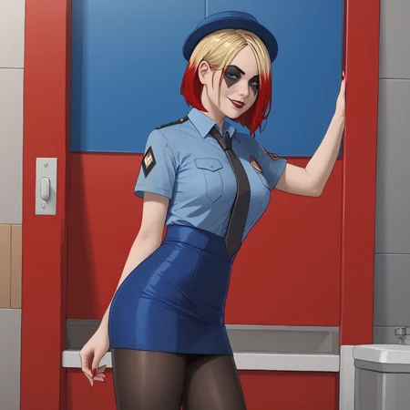 <lora:harleyquinntelltale_pony_v1:.8>  HarleyQuinnTelltale, 1girl, solo, makeup, mask,, lipstick,short  brown multicolored red hair, blonde hair, multicolored hair, large breasts, cowboy shot <lora:0820 tokisaki kurumi policewoman fan costume_v1_pony:1> ruanyi0820,black necktie,blue hat,blue shirt,blue skirt,black pantyhose,short sleeves,skirt