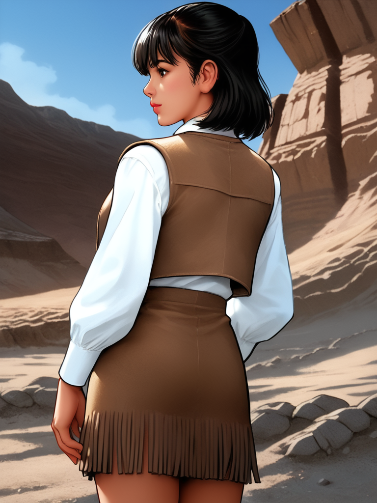 score_9, score_8_up, score_7_up, 1girl,solo,  <lora:100_shaider_annie_pdxl:1> annie_shaider, anncost1, black hair, shoulder length hair, bangs, brown eyes, Japanese woman, white collar shirt, bolo tie,  vest with fringe, fringed skirt, legs, stone slope, desert, gravel, rear view, close up view