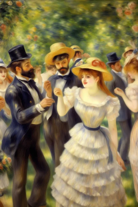 <lora:Pierre Auguste Renoir Style:1>Pierre Auguste Renoir Style - a summer party in the garden dancing food, discussion all in Pierre Renoir style