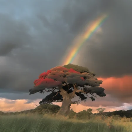 raw portrait ethereal (bonzai cork-oak:1.1) in stormy dark backlight clouds, rainbow, leaves falling in wind (sunset red sky:1.1), autumn sun low on horizon, lush meadow <lora:Cloudify-SDXL:1> <lora:treebark-SDXL-s-exp:0.5>