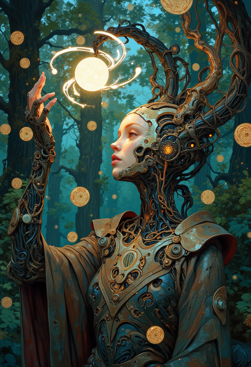 A portrait of a cybernetic sorceress with a mechanical arm reaching towards a floating, enchanted orb that hovers above her hand. The orb emits a soft, pulsating light, illuminating her intricate metallic and organic facial features. Sheâs surrounded by swirling, transparent data streams that form arcane symbols in the air, adding to her otherworldly, mystic charm. The background is a serene forest with floating mechanical spores, giving a natural-mechanical duality to the scene.