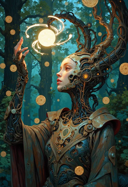 A portrait of a cybernetic sorceress with a mechanical arm reaching towards a floating, enchanted orb that hovers above her hand. The orb emits a soft, pulsating light, illuminating her intricate metallic and organic facial features. Sheâs surrounded by swirling, transparent data streams that form arcane symbols in the air, adding to her otherworldly, mystic charm. The background is a serene forest with floating mechanical spores, giving a natural-mechanical duality to the scene.