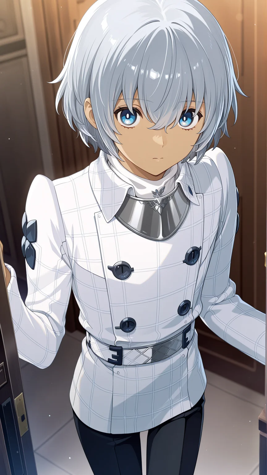 Masterpiece, best quality, newest, solo, 1boy, male focus, <lora:IlluWill:1> illuwillb, dark skin, hair between eyes, white hair, blue eyes, white jacket black pants,
