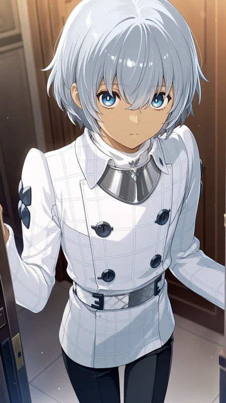 Masterpiece, best quality, newest, solo, 1boy, male focus, <lora:IlluWill:1> illuwillb, dark skin, hair between eyes, white hair, blue eyes, white jacket black pants,