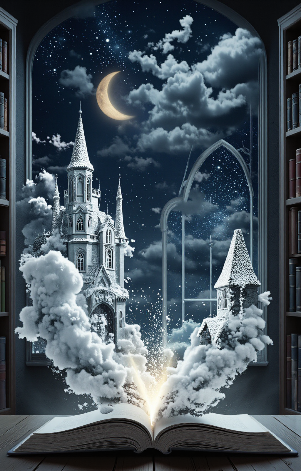 digital artwork in a fantasy style, depicting a magical scene. The central focus is an open book lying on a wooden table. The book's pages are illuminated from within, casting a warm, inviting glow. The pages are blank, suggesting a story yet to be written.
Surrounding the book are fantastical, ethereal elements. To the left, a towering, ornate castle with spires and turrets emerges from the pages, its architecture reminiscent of medieval European castles. To the right, another castle rises, mirroring the left. Both castles are covered in a soft, fluffy white substance, resembling snow or clouds, which adds a dreamlike quality to the scene.
Above the book, a crescent moon, partially obscured by clouds, floats gracefully, casting a silvery light that enhances the ethereal atmosphere. The background is a dark, starry night sky, dotted with twinkling stars. A large, arched window to the right allows a glimpse of the night sky, with a bright, full moon and scattered stars.
To the left, a bookshelf filled with old, leather-bound books adds to the bookish theme. The overall color palette is dominated by cool blues, whites, and grays, creating a serene, magical ambiance, <lora:aidmaImageUpraderv0.3:0.4>, aidmaimageupgrader, <lora:diffusion_pytorch_model:1>, <lora:aidmaMJ6.1_v0.5_3:0.7>, aidmaMJ6.1, ultra quality, ultra detailed, intricate details