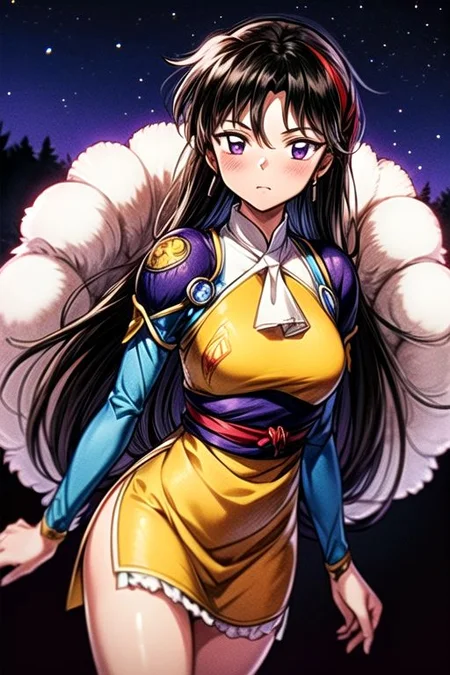 best quality 1girl Setsun4 solo long hair, (night time) forest background black hair very long hair purple eyes multicolored hair armor, small, (fur trim) (medium body),<lora:EMS-179-EMS:0.800000>,<lora:EMS-293862-EMS:0.800000> bow, hair_bow, hair_tubes, red_bow, brown_hair, long_hair, bangs, ascot, frilled_bow, yellow_ascot, blush, smile, hair_between_eyes, athletic, armor, miko, ,(((intricate outfit,intricate clothes,embroidered outfit,ornate outfit,embroidered clothes,ornate clothes)))