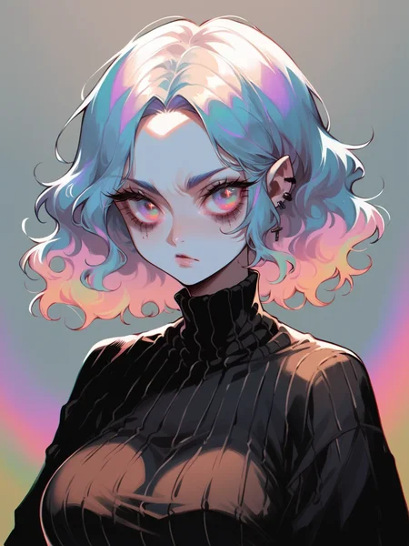 score_9, score_8_up, score_7_up, score_6_up, <lora:1r3gl1XLP:0.8> 1r3gl1, trippy, 1girl, multicolored hair, multicolored eyes, large breasts,