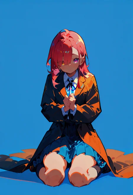 1girl,  petite, crimson hair, long hair,   hair over one eye,  pink eye,     
BREAK   1girl, wariza,       
BREAK               long coat, school uniform, long pleated skirt, (blue background),     
BREAK safe, masterpiece, best quality, very aesthetic, absurdres, highres, newest, <lora:ponyv5_noobV065S_1_adamW:0.7>, <lora:lora:0.4>, <lora:Unstable_v1.0:1.0>